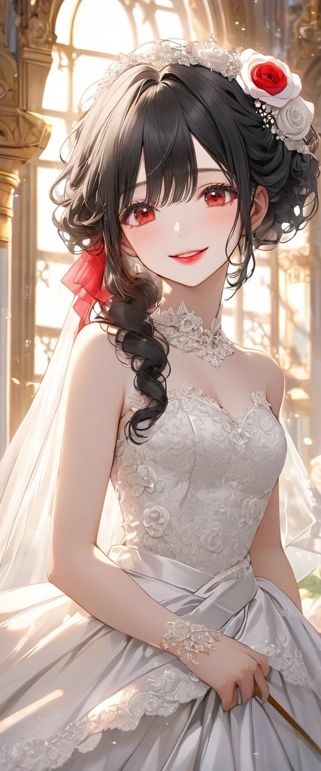 (A glorious ceremony style) (beautiful make-up) (solo curly:1.3 black hair long hair lovely bride girl, beautiful red eyes, Rouge lipstick, love smile), ( yo), (in a white rose:1.2 immensely silk:1.2 Wedding dress), BREAK, in the Ceremony Hall in the Sky, perfect anatomy, masterpiece, best quality, 16k, beautiful detailed grow, daydreaming expression.