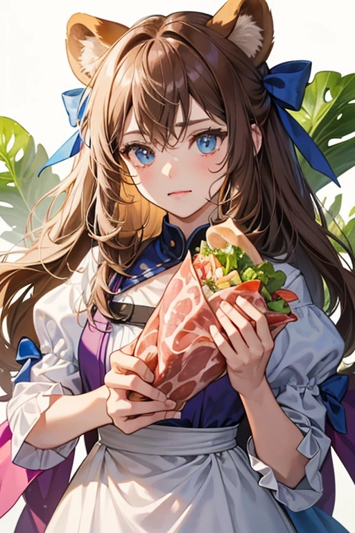 A girl sandwhich wrap full of meat, lettuce, and cheese, some of which seeps out. It is held by a tiny blue and brown flag. She has bear ears with brown inner-coloring and a basic expression. On one ear is a fuchsia bow. SPARKLE; GLITTER
