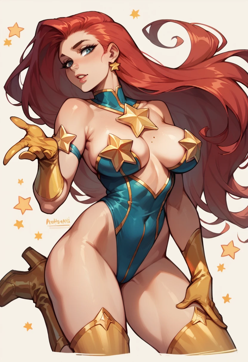 masterpiece, Sexy, Superheroine, Red hair, long hair, busty, ((blue highleg leotard with a t-back thong and a gold star insignia on chest)), gold boots, gold gloves,