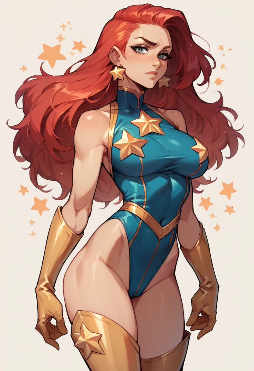 masterpiece, Sexy, Superheroine, Red hair, long hair, busty, ((blue highleg leotard with a t-back thong and a gold star insignia on chest)), gold boots, gold gloves,