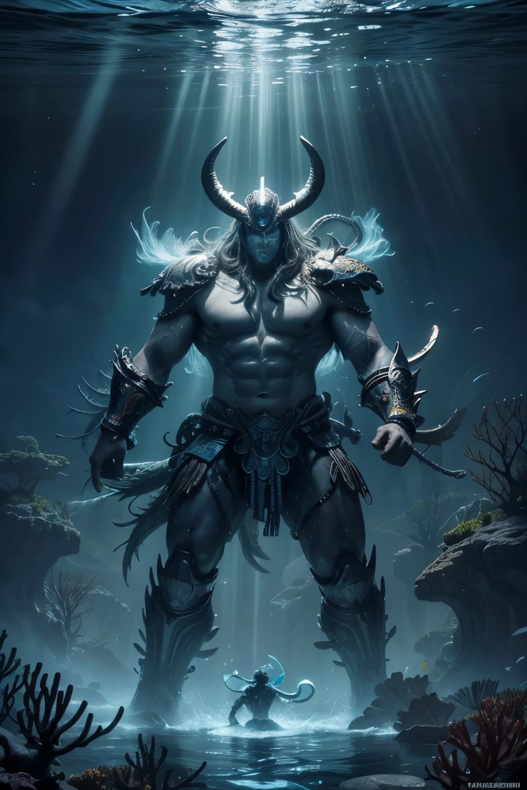 "A high-resolution, high-quality photorealistic image captures Tlaloc as the god of lightning, rain, and earthquakes, god of the sea, riding a massive sea serpent beneath the ocean's surface. His muscular body glistens in the seawater as he displays his great power. The background shows a deep, mysterious underwater realm with rays of light streaking through the water. Surrounding him are schools of fish and coral reefs, emphasizing his dominance over the water. The dynamic composition showcases Tlaloc's raw power and majesty atop his formidable mount."