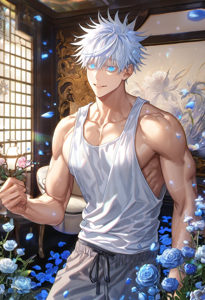 absurdres, highres, ultra detailed, HDR, master piece, Gojou Satoru, white hair with bangs, white eyelashes, expressive blue eyes, hair between the eyes, white tank top, toned chest, Jujutsu Kaisen, sexy man, room, handsome, best quality, flowers, fantasy, magical, solo, blue shining fireflies, blue petals, handsome smile, gray training pants, sensual