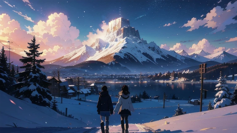 2 personas juntas Un chico y una chica jugando in the snow, in with a town, surrounded by mountains covered with white snow, scene set in a village an image by Makoto Shinkai, trend on pixiv, conceptual art, guweiz style artwork, Guweiz and Makoto Shinkai, Sakimichan and Makoto Shinkai, ( ( Makoto Shinkai ) ), in the snow, beautiful anime scene