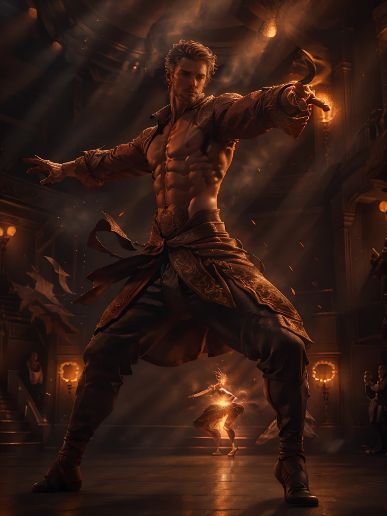 handsome man, ballet dancer, dancing on the theater stage in the spotlight, muscles, in dynamics, dancer, perfect body, Press, ultra detailed, cinematographic