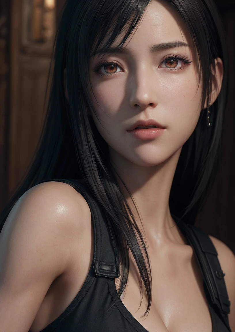 (best quality,ultra details),(Realistic:1.37),tifa lockhart, beautiful and detailed face, black eye makeup, texture ultra realistic, Exquisite face, expression serious, huge