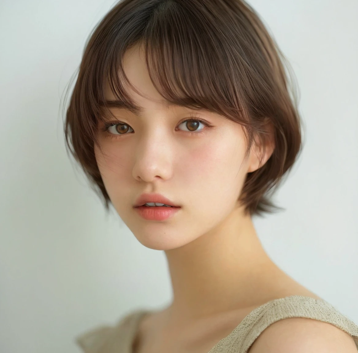 18 year old Japanese girl, very cute fashion model. Her hair color is dyed to match the fashion, and her hairstyle is bob. The photo style is cinematic, with soft natural lighting to enhance the natural look. --ar 2:3 --style raw --v 6.0