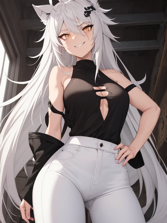 best quality, masterpiece, highres, solo character, solo, animal_ears, wolf_ears, long_hair, scar, bangs, scar_across_eye, hair_ornament, hairclip, scar_on_face, hair_between_eyes, grey_eyes, smile, grey_hair, white_hair, upper_body, Anime art, tall anime woman. muscular body, (((dirty white hair messy hair))), Amber Orange eyes, white loose Tube top, exposed belly skin, (((black long skinny pants))), black combat boots, white tail and cat ears, ultra high detail face, ultra high detail eyes, evil grin expression. hands on hips pose, looking at viewer. mechanic workshop background. super high detail eyes, very detailed eyes.