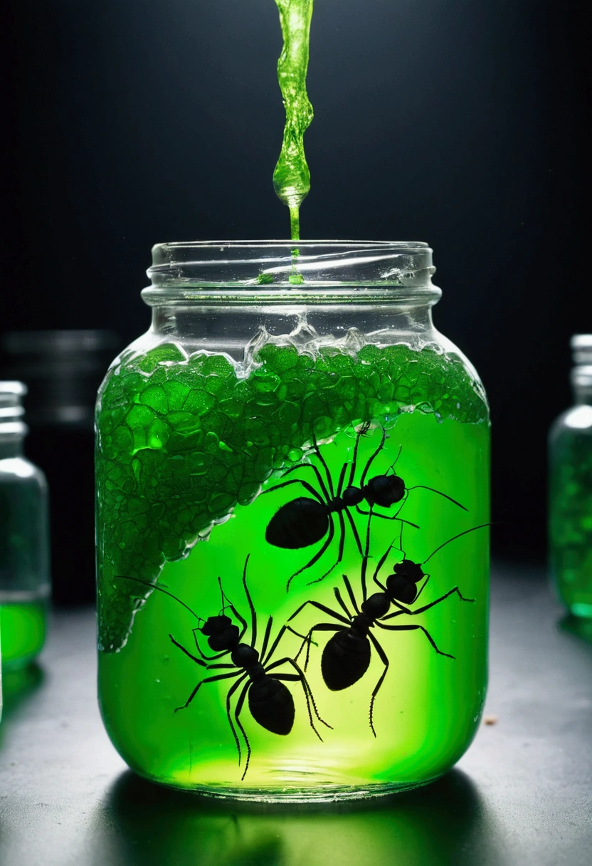 A green liquid jar broken and leaked and ant are eating it in a scene fusion lab and scientist got scared