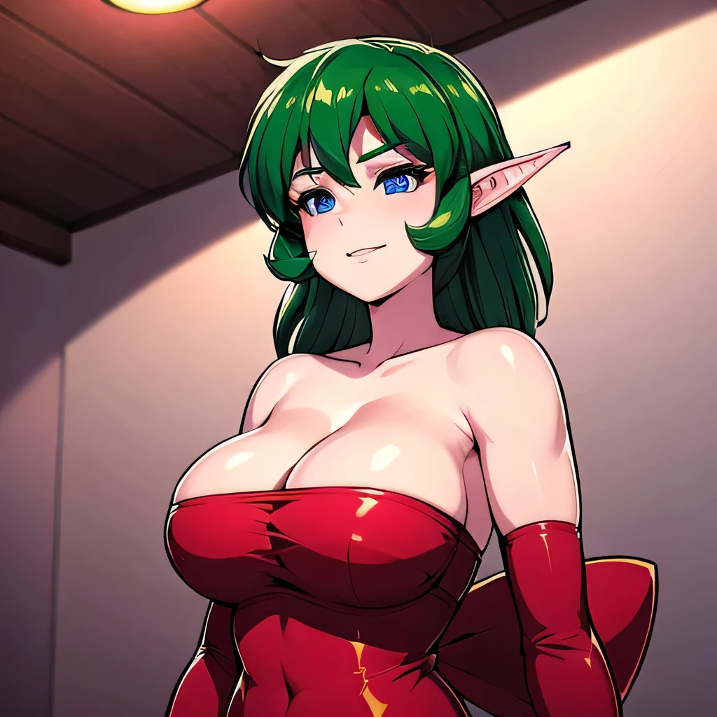  ((masterpiece,best quality,ultra-delicate,Perfect Face,16k,high resolution,very beautiful girl)),green hair,Red strapless bodycon tube dress ,Red long arm sleeves,red huge bow with back of dress:1.3,Elf Girl,large Breasts,blue eyes,fine smile,20 years old,cowboy shot,seductive pose