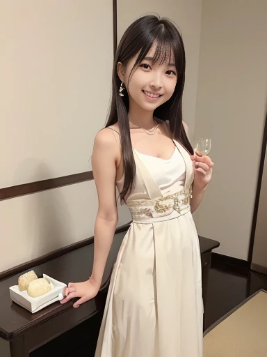 Japanese female, (underweight), (flat chest best quality:1.5), (cheerful grin:1.5),
(party venue), standing, long hair, (cream party dress), with a wine glass, Japanese, (at birthday), full body shot, ground-level shot, (soft lighting)