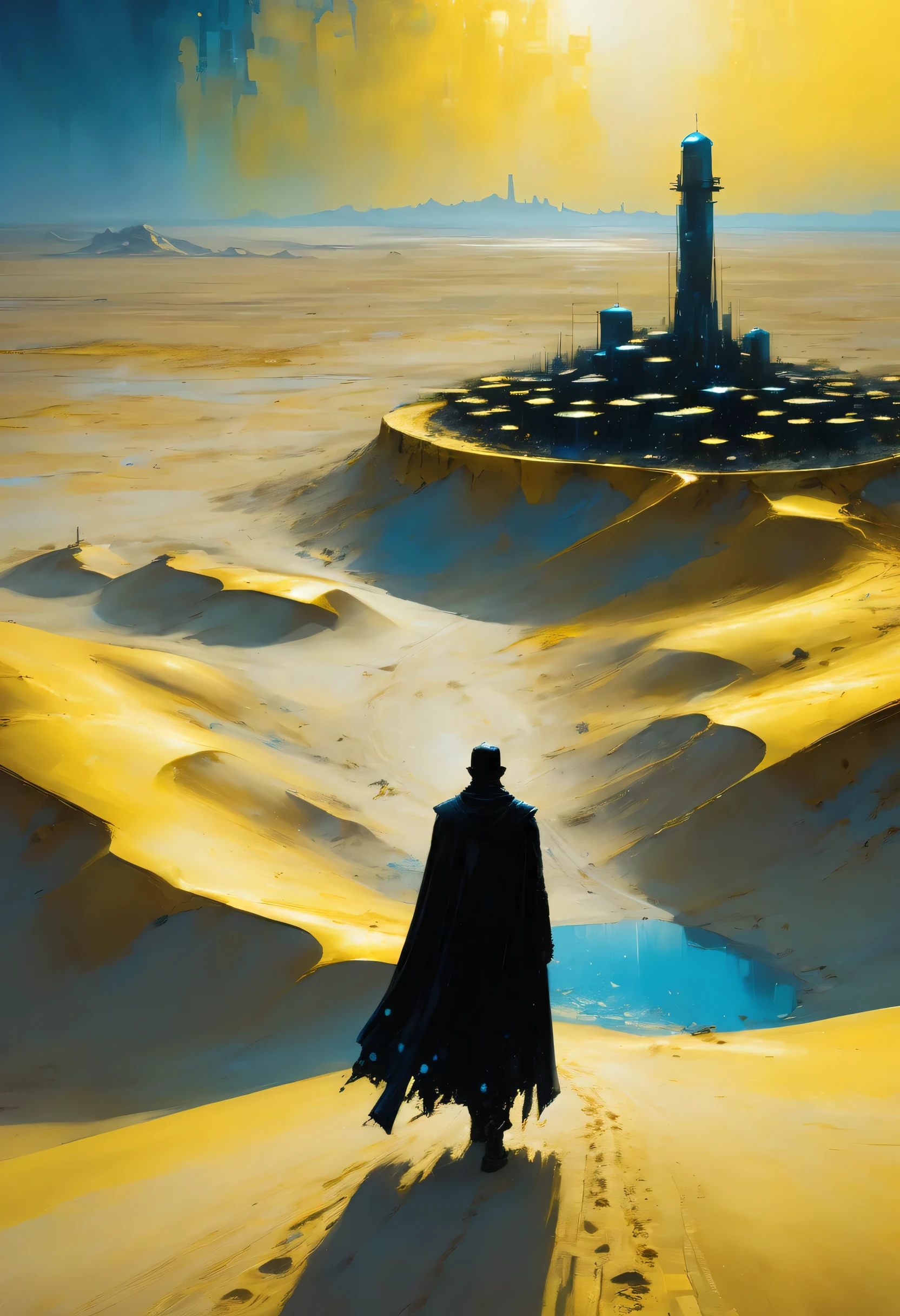 Pixelart por Jeremy Mann, Man in black cape in the yellow desert walking alone finding a new city in the sands at night, mostly blue tones and small details in yellow, 4D high relief texture painting, 8k, 4D, futuristic, water tank in the background, ornate desert, aerial view, view from far away, photorealism, abstract impressionism