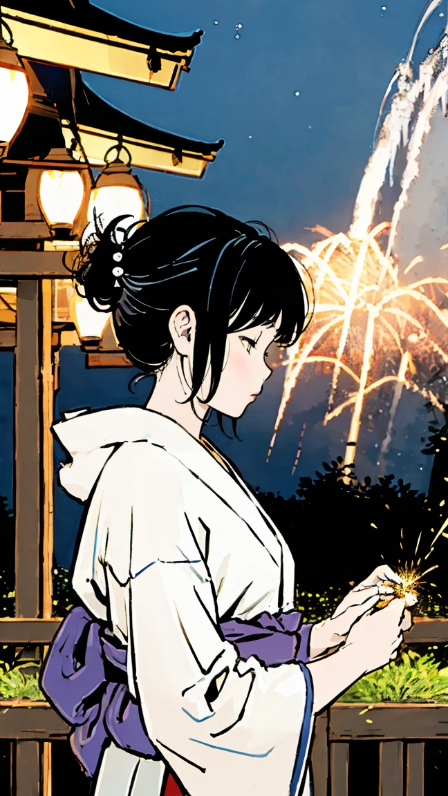 fair、shrine、yukata、Black Hair、profile、Shortcuts、Girl、night、Lantern Light、hanabi、mt.fuji、Firework、