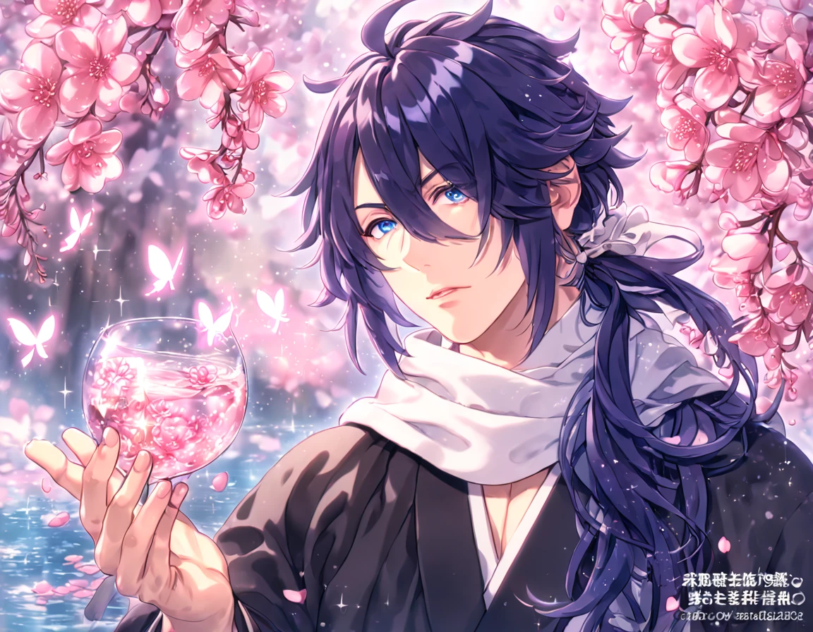 absurdres, highres, ultra detailed, HDR, master piece, best quality, Hajime Saitou, long indigo hair, hair loosely tied into a side low ponytail, hair over the right eye, expressive blue eyes, Hakuouki, solo, sexy man, handsome, white scarf, black kimono, water, fantasy, magical, shining, pink flowers, pink blossoms, pink petals, pink butterflies, sparkling glass