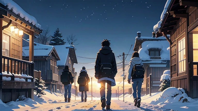 Grupo de jovenes hombres jugando in the snow, in a village, White snow, an image of Makoto Shinkai, several men trending on pixiv, conceptual art, guweiz style artwork, Guweiz and Makoto Shinkai, Sakimichan and Makoto Shinkai, ( ( Makoto Shinkai ) ), in the snow, beautiful anime scene