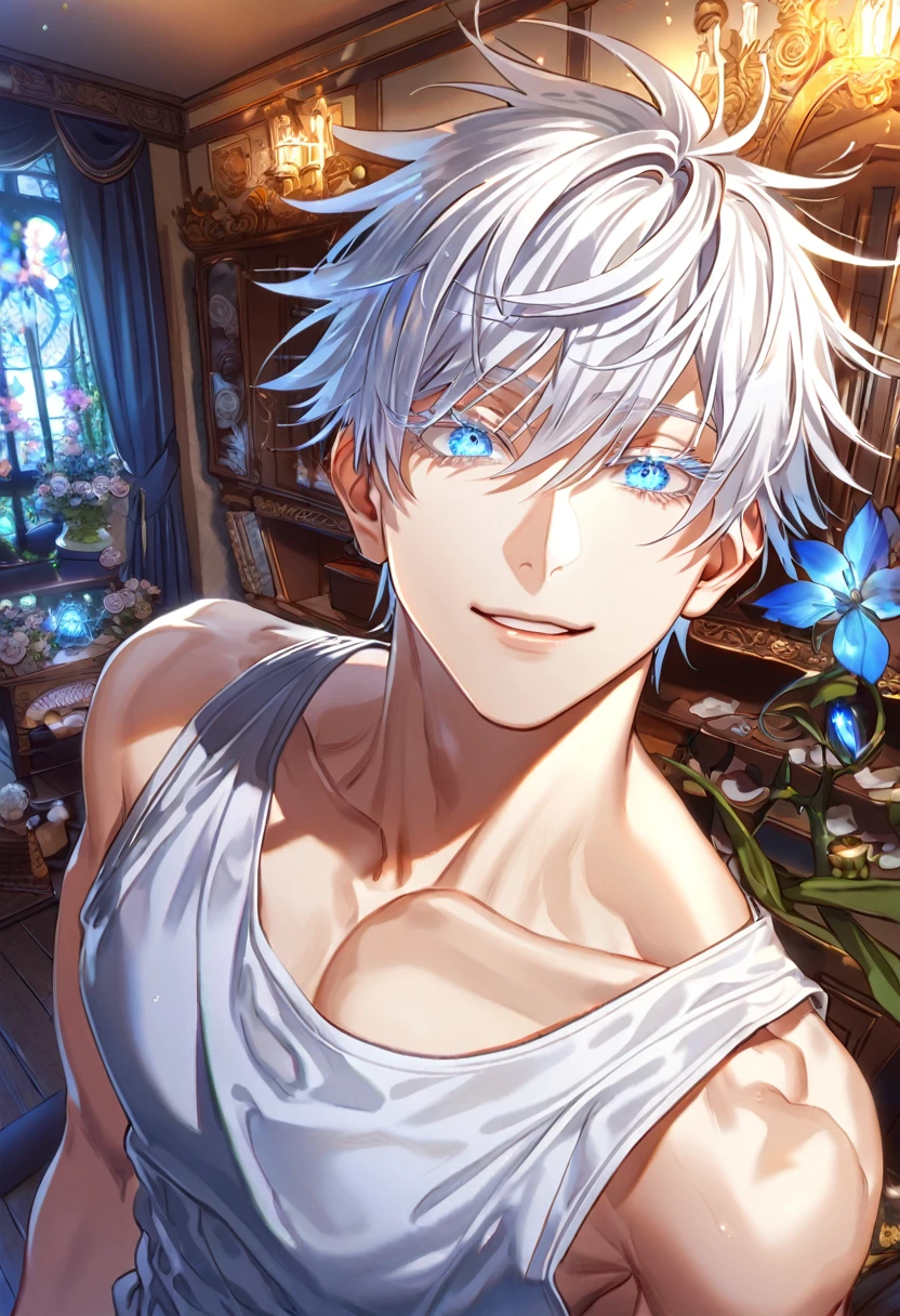 absurdres, highres, ultra detailed, HDR, master piece, Gojou Satoru, white hair with bangs, white eyelashes, expressive blue eyes, hair between the eyes, white tank top, toned chest, Jujutsu Kaisen, sexy man, room, handsome, best quality, flowers, fantasy, magical, solo, blue shining fireflies, blue petals, handsome smile, horny, sensual