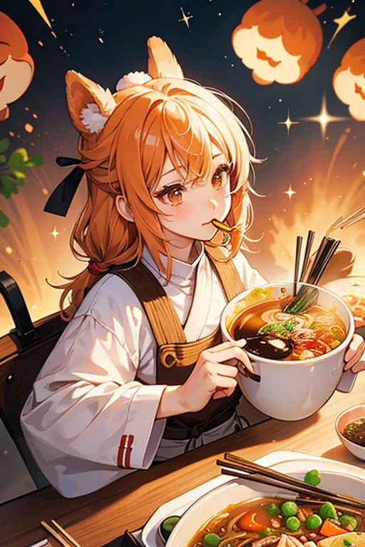 A ramen girl bear with no mouth and a basic expression. Besides a brown pair of Num-Nom chopsticks, she is also adorned with pieces of carrot and peas. SPARKLE; GLITTER