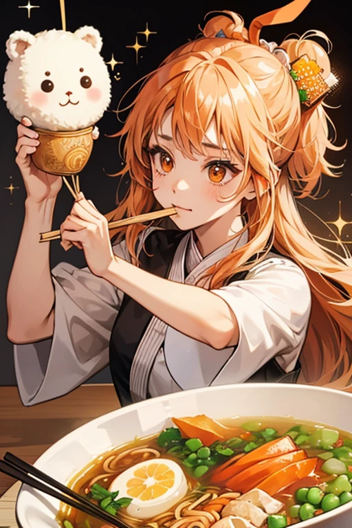 A ramen girl bear with no mouth and a basic expression. Besides a brown pair of Num-Nom chopsticks, she is also adorned with pieces of carrot and peas. SPARKLE; GLITTER