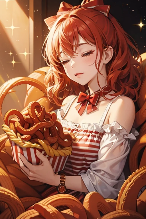 A red girl striped cup of golden curly fries. She has a red bow on each side, and one shut eye. Her mouth is opened. SPARKLE; GLITTER