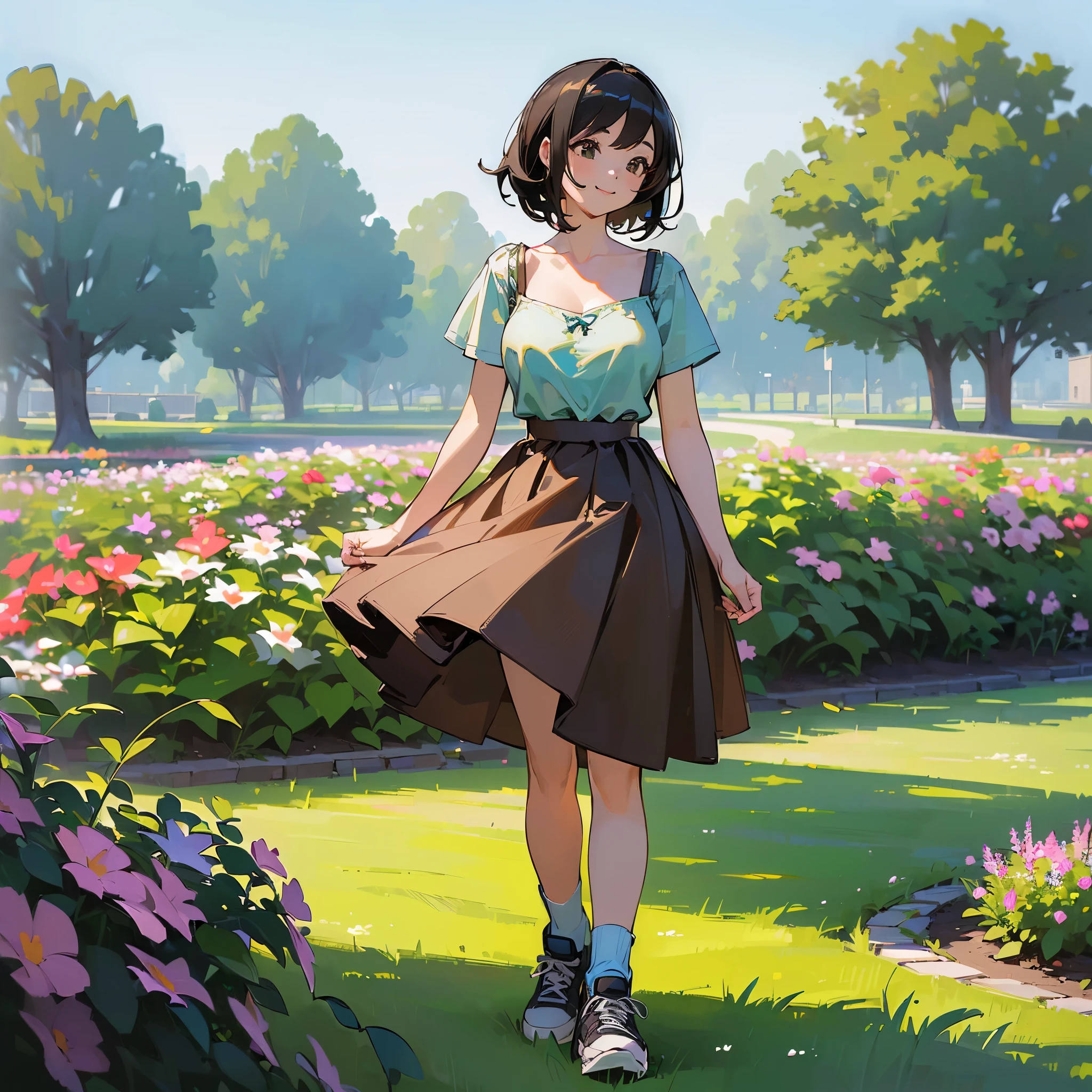 (high quality, High resolution, Very detailed, reality:1.37), Peaceful atmosphere, (Outdoor, garden), Teenage girl standing alone, (my breasts are big.), Beautiful details, Cute Smile, (Black bob hair), camisole, Brown Skirt, Blue socks, sneakers.
