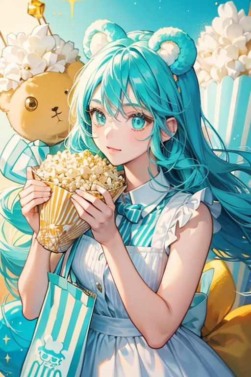 A girl turquoise and white striped popcorn bag full of caramel popcorn. She has caramel bear ears and a basic expression. SPARKLE; GLITTER