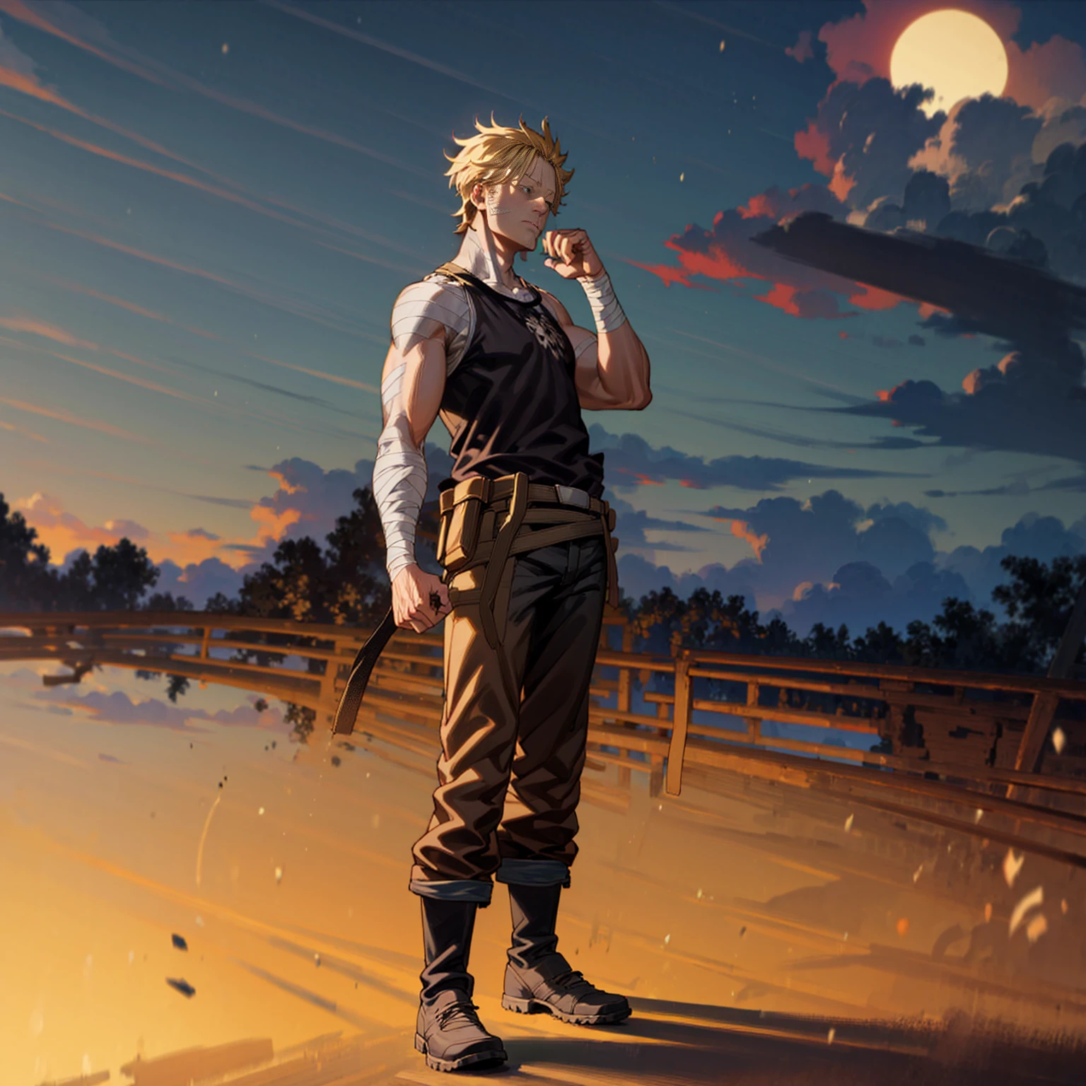 Solo character, full body version, aged man, blonde hair, short haircut, Very tall, black singlet, jeans, bandage, shoes, evening, outdoor, town, (black clover style), big hand, standing gesture 