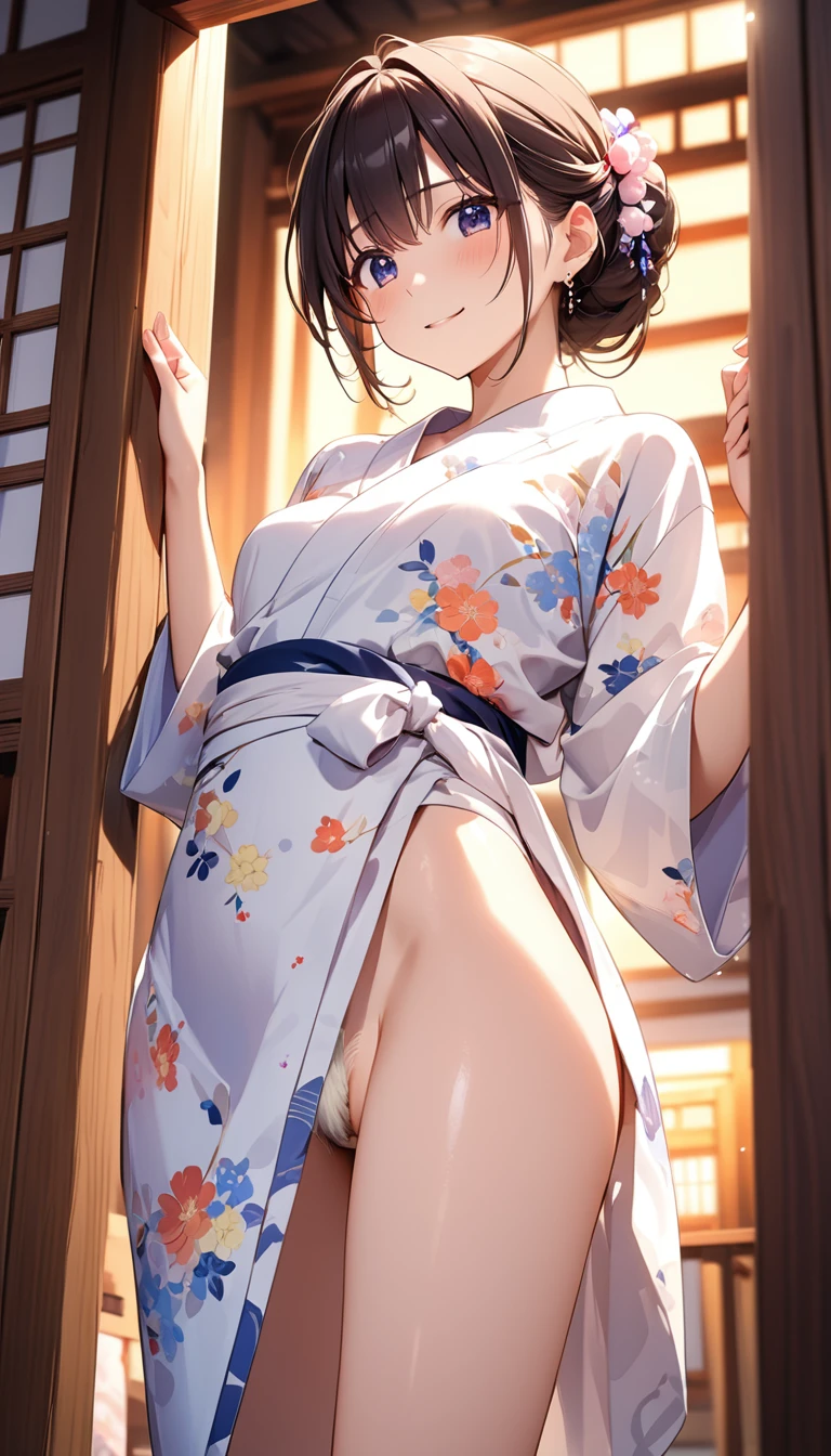 高いquality illustration, masterpiece, Very delicate and beautiful, Attractive girl,(Cream colored floral yukata、White loincloth),thin,Slender body,slim、Shrine background at night,Princess, Beautiful Eyes,smile、Embarrassing、blush(masterpiece, Highest quality:1.2), High resolution, Very detailed CG ユニティ 8k 壁紙, Perfect lighting, colorful, 超High resolution,4K,Very detailed, photograph, 8k, High resolutionolution, 、tits、濃いPubic hair sticking out、Pubic hair sticking out、Close-up of the crotch from directly below