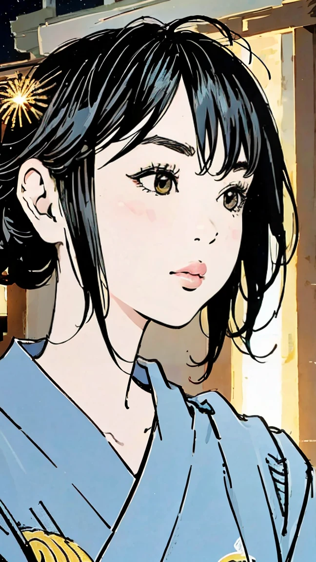 A fair-skinned girl in a traditional Japanese yukata, her black hair in a profile view, standing in a shrine at night, surrounded by the warm glow of lanterns and the vibrant colors of fireworks exploding in the sky above Mount Fuji.
(best quality,4k,8k,highres,masterpiece:1.2),ultra-detailed,(realistic,photorealistic,photo-realistic:1.37),1girl,fair skin,black hair,profile,yukata,shrine,night,lantern light,hanabi,mt.fuji,fireworks,detailed eyes,detailed lips,extremely detailed face,long eyelashes,cinematic lighting,warm color tones,stunning scenery,intricate details