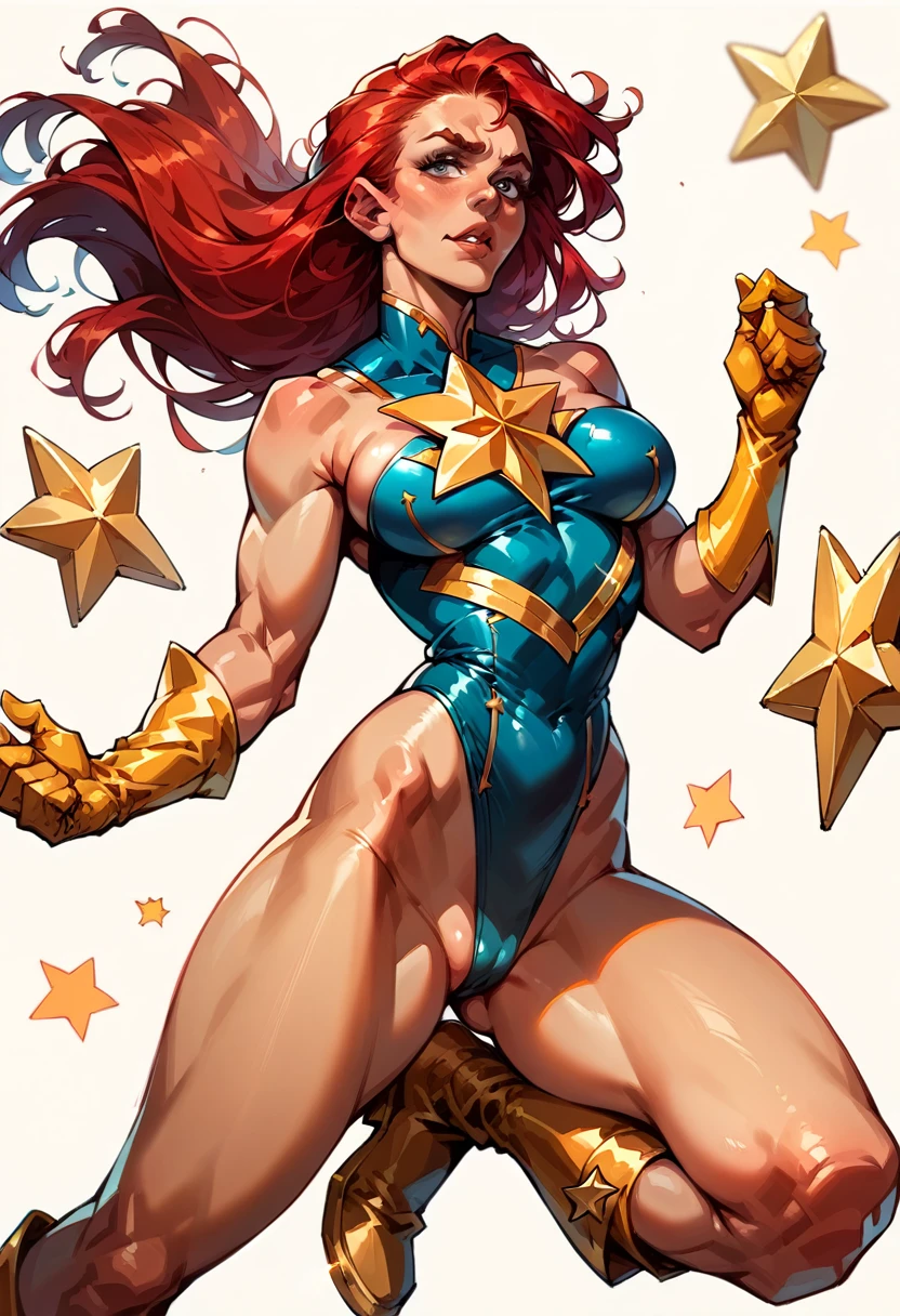 masterpiece, Sexy, Superheroine, Red hair, long hair, busty, ((blue highleg leotard with a t-back thong and a gold star insignia on chest)), gold boots, gold gloves,