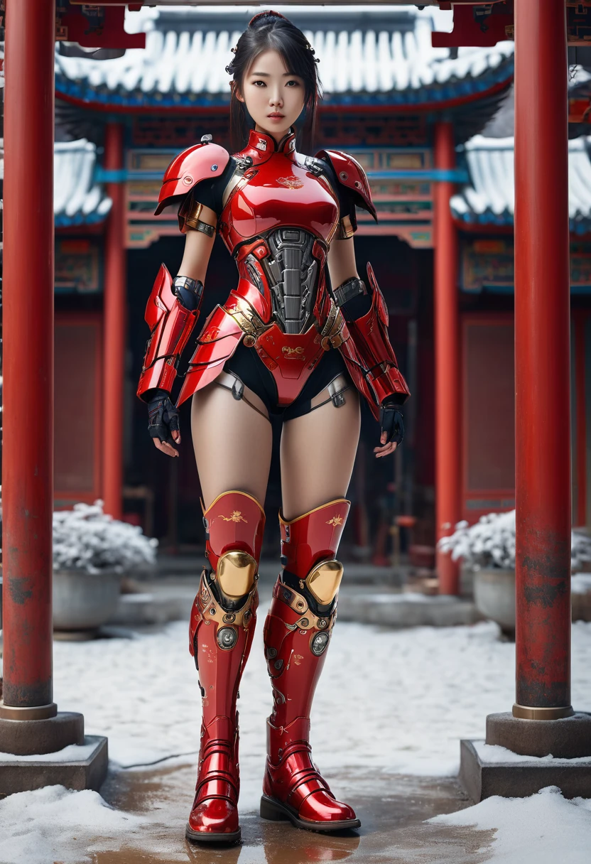 ((Full body photo, standing, feet on the ground)) A portrait of a girl, costume semi cyborg Red combbination gold iron full body, middle breast, texture skin breast realistic, thight skin texture realistic, boots iron shoes, chinese style, typing art background, realist style, reality, photo, skin texture,dermatoglyphy,full body,snowscape,