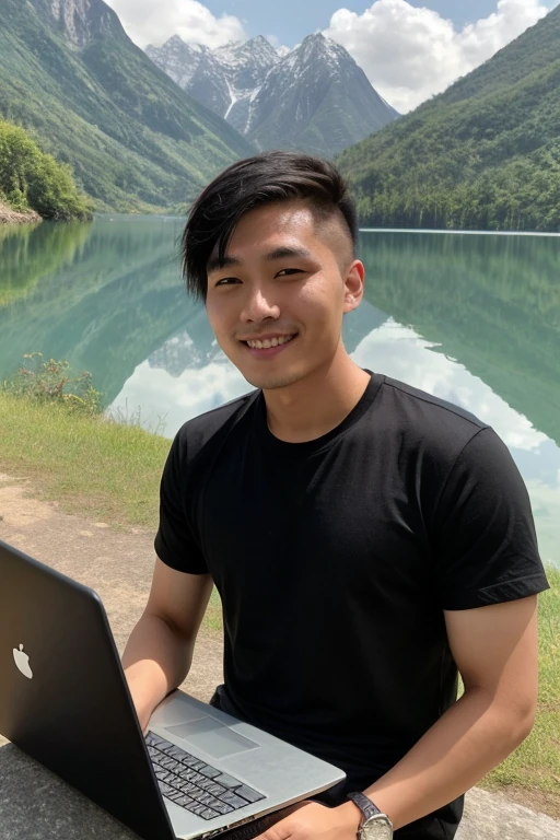 photo of a 23 year asia old man with neat short hair, very handsome, wearing a black t-shirt, using a laptop with a lake in the background