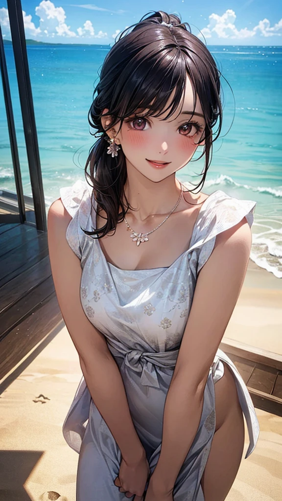 (masterpiece:1.2, Highest quality), (Realistic, photoRealistic:1.4), Beautiful illustrations, (Natural Side Lighting, Cinema Lighting), Browsing Caution,
View your audience, 1 girl, Japanese, beauty、30 years old, Perfect Face, Cute and symmetrical face, Glowing Skin, (Perfect Anatomy, Anatomically correct, Highly detailed skin)、
(Medium Hair, Black Hair、ponytail), Swept-apart bangs, Dark brown eyes, Droopy eyes, Long eyelashes, (Large Breasts:0.7), The body is slim,
Beautiful Hair, Beautiful Face, Beautiful attention to detail, Beautiful clavicle, Beautiful body, Beautiful breasts, Beautiful thighs, Beautiful legs, Beautiful fingers,
(Floral A-line dress), Sandals、Earrings:0.2、necklace:0.5、
(Beautiful views,summer), Ocean, (Beach)、 Are standing, (smile, Please open your mouth a little),