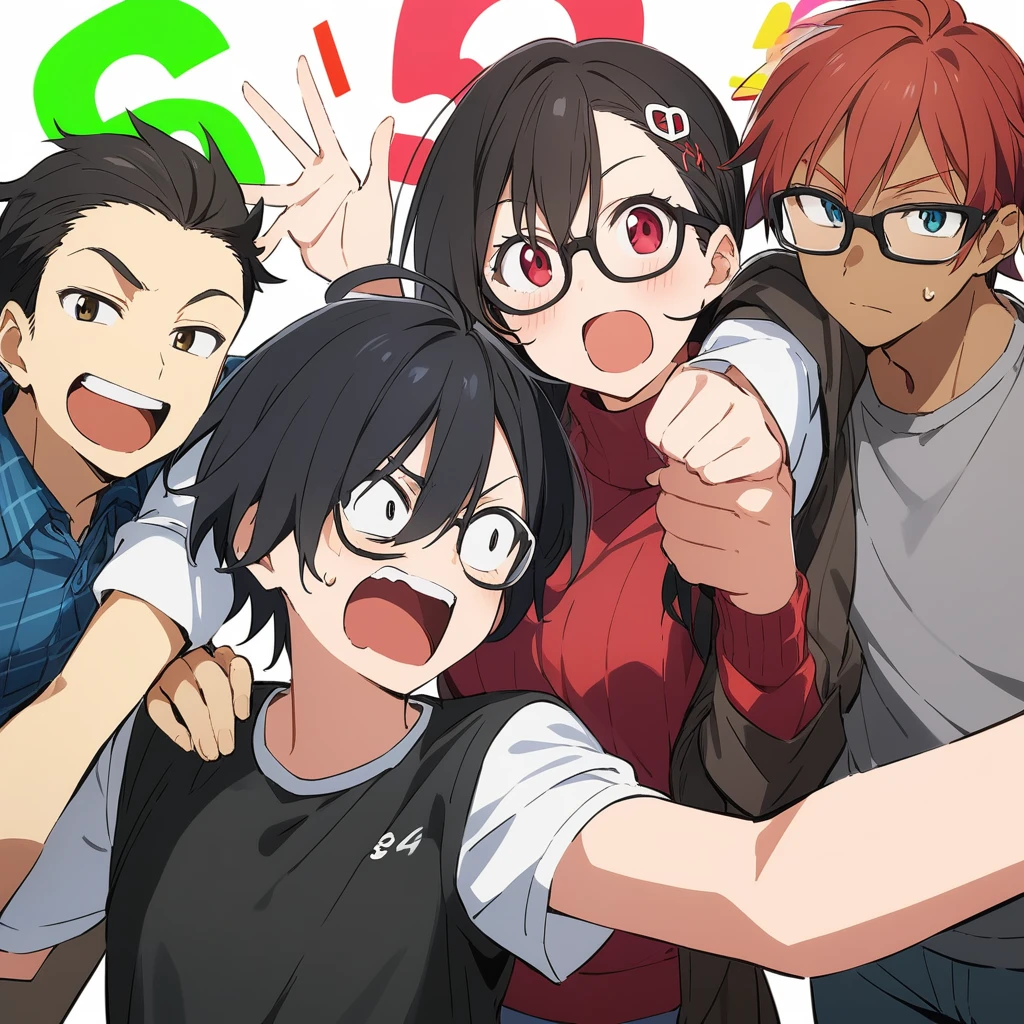 score_9, score_8_up, score_7_up, score_6_up, score_5_up, score_4_up, BREAK source_anime, 1girl white, clothed, Red chanel hair above the shoulder, glasses, friends pose, 1boy black, Boy with dark skin, black hair, Silly face,wearing casual clothes, (SuperQuality:1.0) ~ (SuperQuality:1.2)