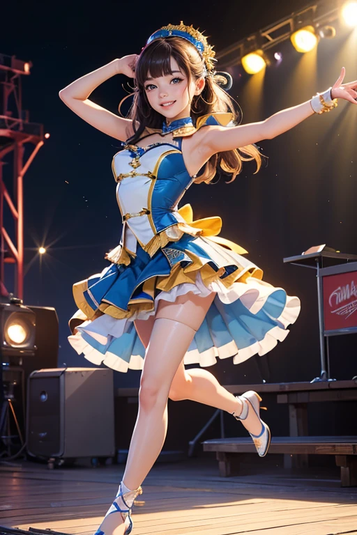(Highest quality、 8k 、masterpiece、High resolution)、Full Body Shot、15 year old girl、Idol、cute、Dancing with a smile、Outdoor Stage、AKB48 Costumes、Realistic、Realistic、Official Art、Detailed CG、Professional Lighting、Professional photographer、