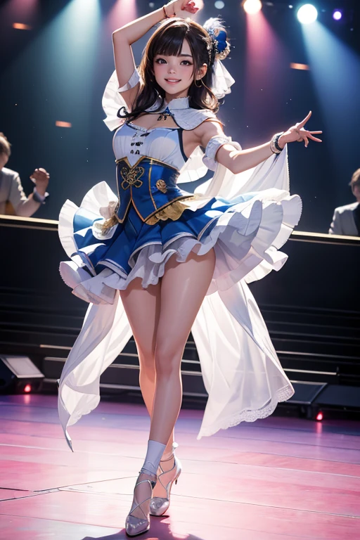 (Highest quality、 8k 、masterpiece、High resolution)、(Dancer)、Full Body Shot、15 year old girl、Idol、cute、Dancing with a smile、Outdoor Stage、AKB48 Costumes、Realistic、Realistic、Official Art、Detailed CG、Professional Lighting、Professional photographer、