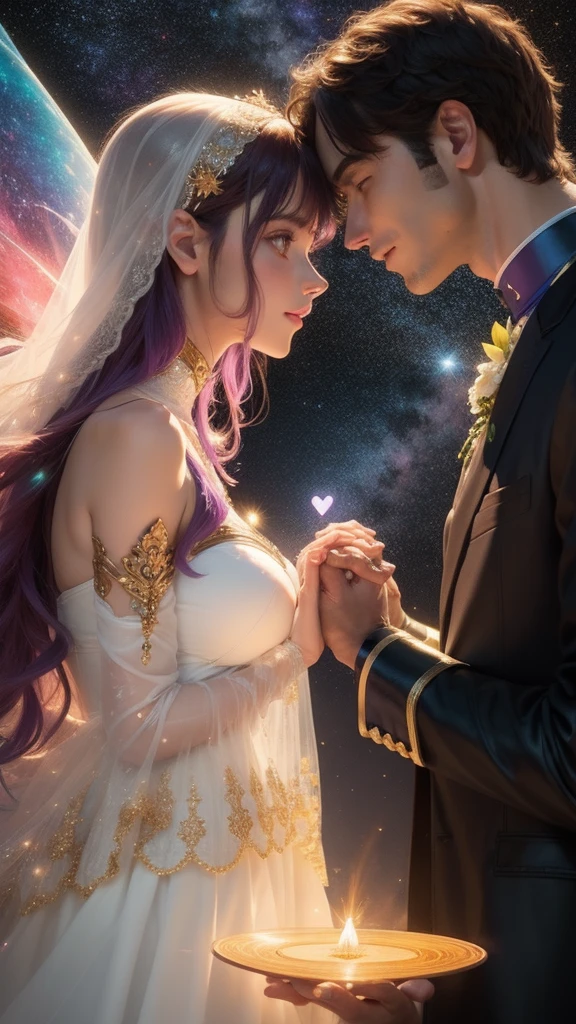 "Por favor, Create an image that encapsulates the fusion between human love and the supernatural realm, with projections of the heart extending across the universe. The scene should depict a man in love and a woman's spirit in love, sharing an intense and transcendental connection.
Visualize a scenario where reality and spirituality intertwine. No centro da imagem, A man with a passionate look finds himself holding hands with a feminine spirit. She's ethereal, with a soft and translucent glow, evoking a supernatural presence.
From the heart of man, radiates a luminous and sparkling heart, estendendo-se para envolver ambos. The projections of the heart create a radiant aura that connects the couple in love to the celestial and cosmic realm.
The projections of the heart also turn into trails of light that run through starry space. Some projections take the form of flowers and leaves, enquanto outras ascendem como raios de luz, Connecting to the stars and constellations, symbolizing the union between the human and the divine.
A paleta de cores deve incluir tons suaves de azul, roxo e dourado, criando uma atmosfera de romance e misticismo. The soft light emanating from the projections and aura gives the image a sense of wonder and enchantment.
The resulting image should capture the deep connection between man and the feminine spirit, with the heart as a link between the earthly and the spiritual, as they venture into the supernatural and cosmic realm."