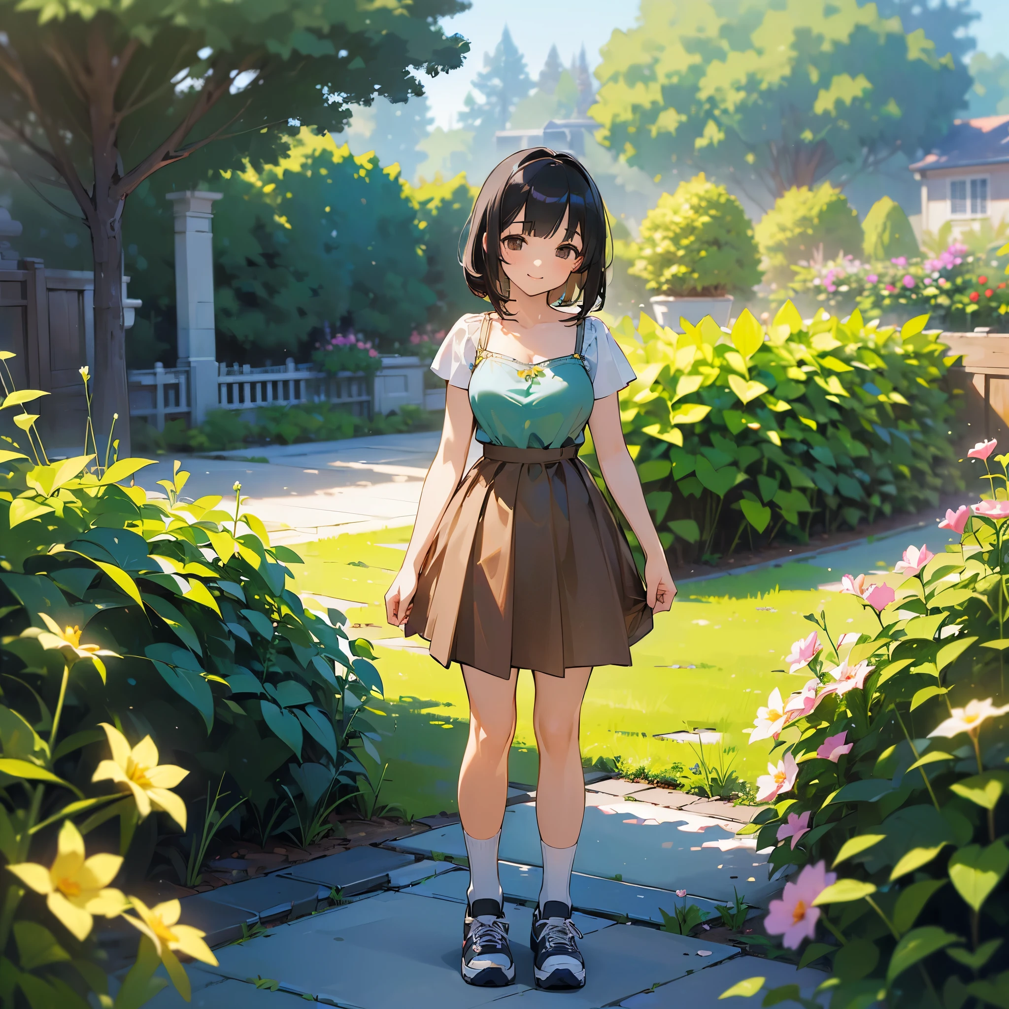 (high quality, High resolution, Very detailed, reality:1.37), Peaceful atmosphere, (Outdoor, garden), Teenage girl standing alone, (my breasts are big.), Beautiful details, Cute Smile, (Black bob hair), camisole, Brown Skirt, Blue socks, sneakers.