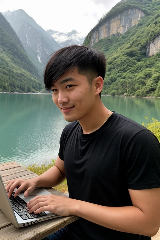 photo of a 23 year asia old man with neat short hair, very handsome, wearing a black t-shirt, using a laptop with a lake in the background