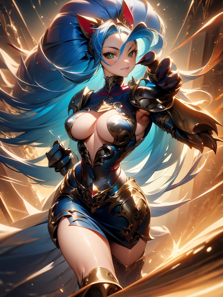 ((Masterpiece, Best Quality, anime style)), Felicia, Blue hair, Green eyes, cat eyes, Cat tail, busty, big breasts, big ass, happy, smile, kicking, giving a kick, sexy white plate armor, gauntlets armors, graves armors, lewd, in a medieval city, illustration, ultra-detailed 8K, clear focus, highly detailed, professional lighting, colorful details, colors BREAK,