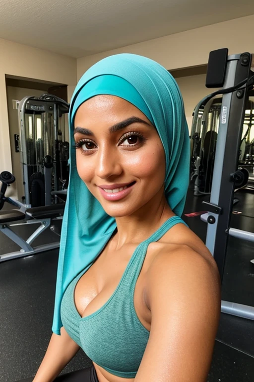 ((best quality)), ((masterpiece)), (detailed), Beautiful arab woman with light brown skin. She is in her early 30's, sports bra and leggings, lots of cleavage, sweaty, hijab, very thin nose, green eyes, defined cheekbones, in gym, looking at the viewer with a smile
