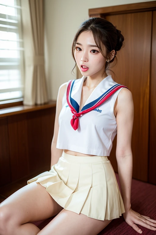 Her legs are spread wide and her too-small white cotton panties are visible.、Her white panties made of lace material are visible.、A beautiful young girl with blonde twin tails wearing a sailor suit is leaning on a fluffy white sofa, lifting her white blouse to reveal a white bra, and opening her legs and lifting her skirt to reveal white lace panties., a blond, Photos of very beautiful Nordic-born girls, 12years, Blonde hair ,Seductive open legs pose, 4k, top-quality, hight resolution:1.1), Drawing so that the crotch cloth of the white underwear is visible, tiny panties, white panties made of lace material 、Blue plaid skirt, Red plaid skirt, high school student uniform、 a sailor suit, Cleavage visible from the blouse, The clothes are fluffy, bed room, class room, dining room, tiny chest、 Under hair is transparent、 Nipples are see-through, Wet panties , Angle from your feet, The bra is sheer、 Clothes are see- through、 White panties with ribbon