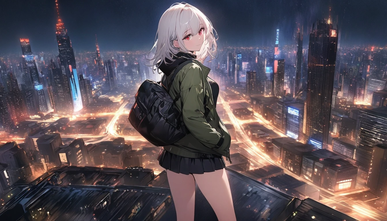 1 adult woman with white hair, red eyes, wearing a light jacket and short skirt, standing on top of a building, dark city night, hands in pockets, building view ((with city lights)) (city background ), night (( HD desktop wallpapers ),