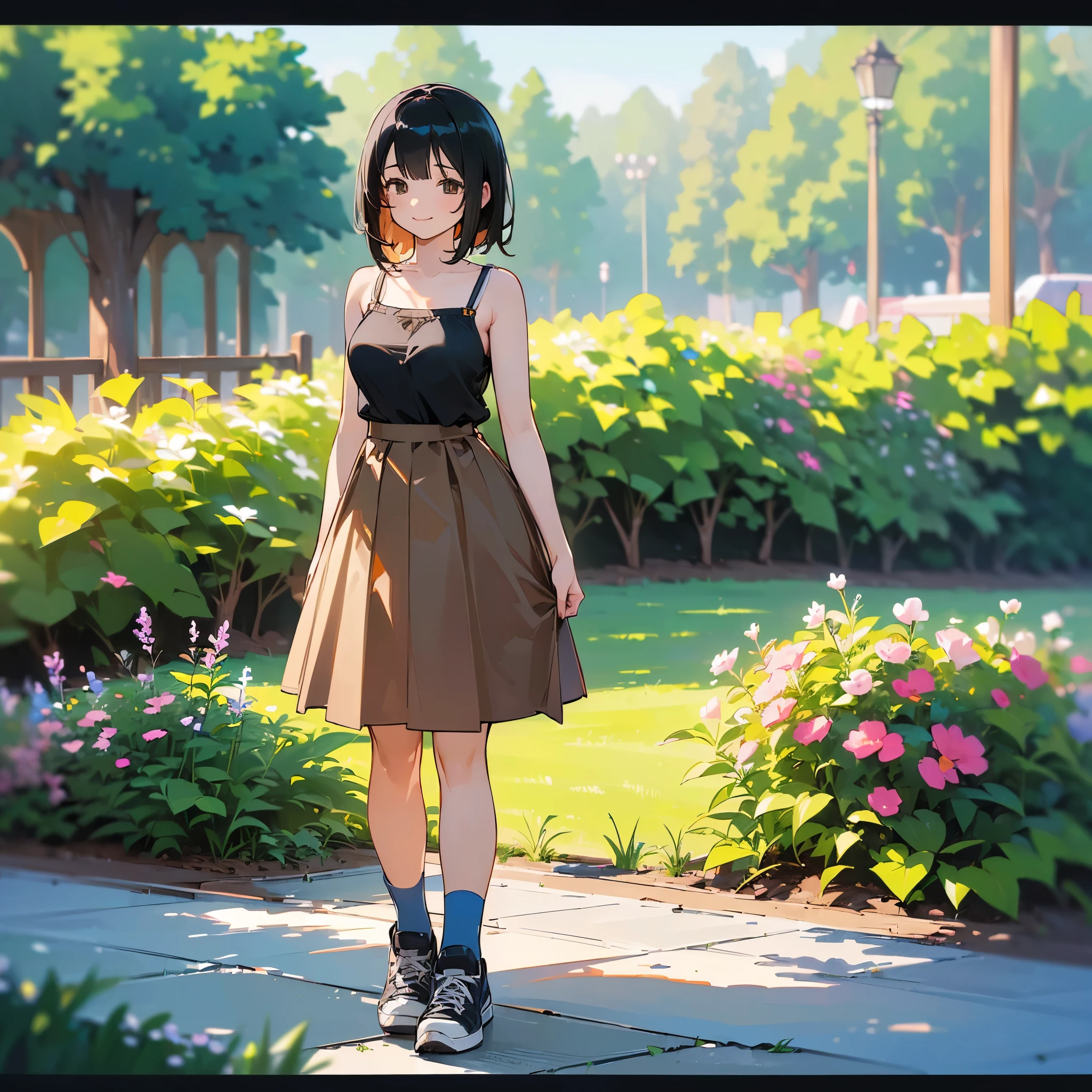 (high quality, High resolution, Very detailed, reality:1.37), Peaceful atmosphere, (Outdoor, garden), Teenage girl standing alone, (my breasts are big.), Beautiful details, Cute Smile, (Black bob hair), camisole, Brown Skirt, Blue socks, sneakers.