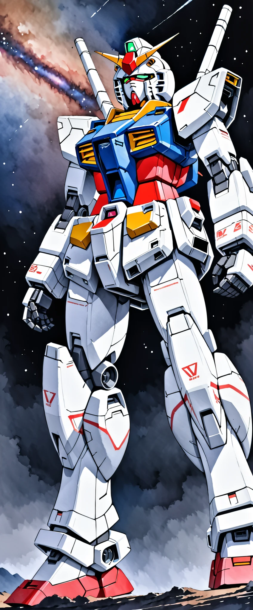 (masterpiece),(Highest quality),(Super detailed:1.0),(Ultra-high resolution),8k,(Best illustrations),(watercolor),(Anime Style),8k,Hard Edge,robot,機動戦士Gundam,Gundam,RX78-2,(((Twin Eye))),(watercolor画の飛沫、Oozing、Blurred、Blotting、Effective use of the fade technique),(Milky Way,milky way),(Detailed face drawing)