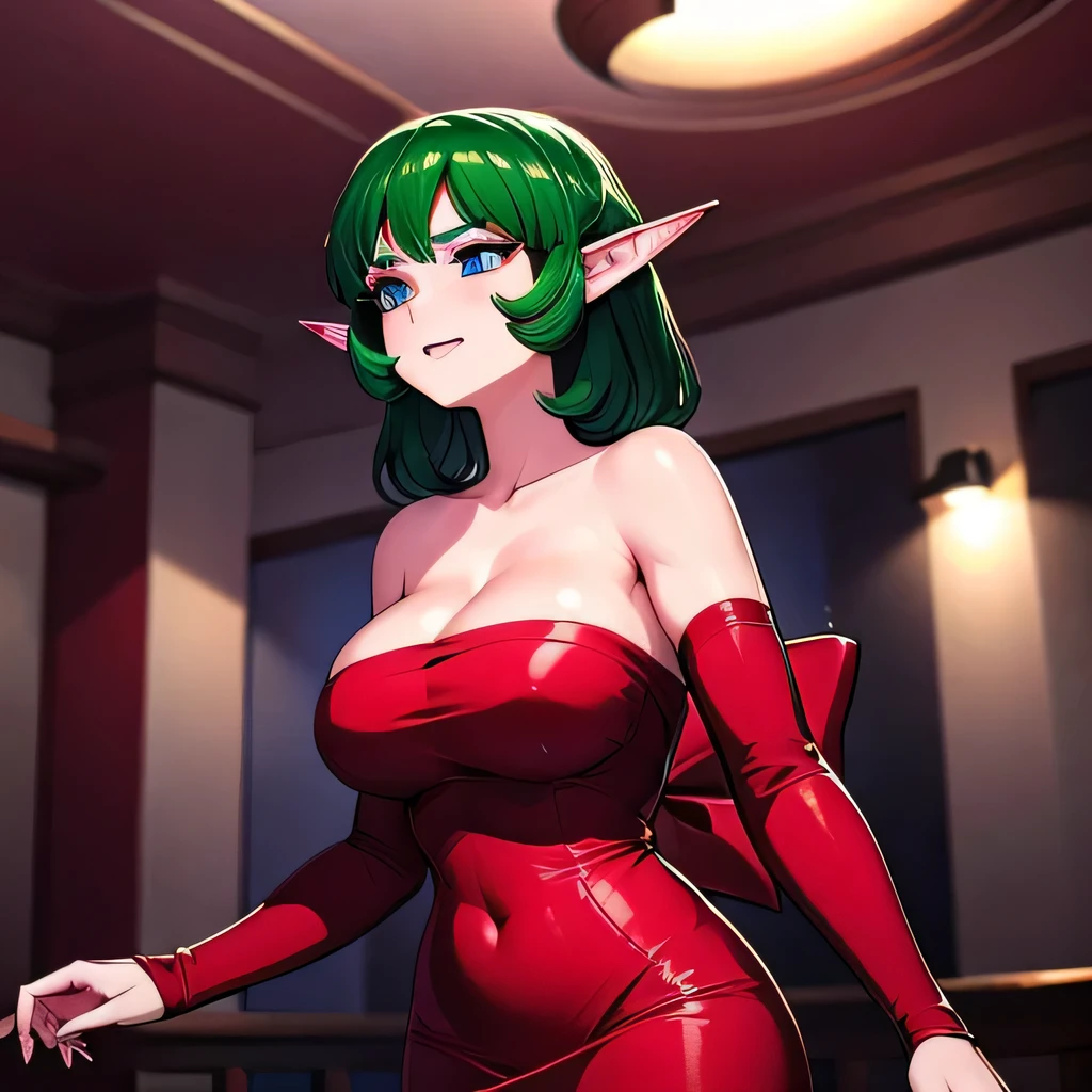  ((masterpiece,best quality,ultra-delicate,Perfect Face,16k,high resolution,very beautiful girl)),green hair,Red strapless bodycon tube dress ,Red long arm sleeves,red huge bow with back of dress:1.3,Elf Girl,large Breasts,blue eyes,fine smile,20 years old,cowboy shot,seductive pose