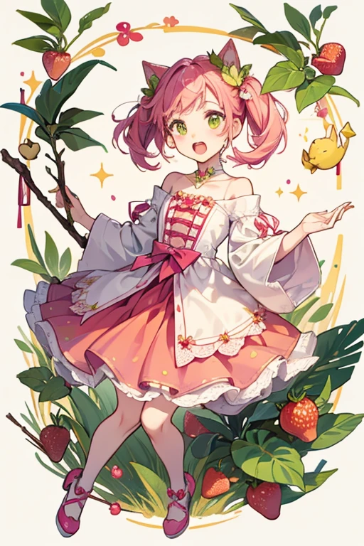 A hot pink strawberry girl cat with pale yellow seeds and chocolate dipped lower half. She has a wide opened mouth and one eye is shut. Her stick potrudes from the middle, with two green leaf. SPARKLE; GLITTER