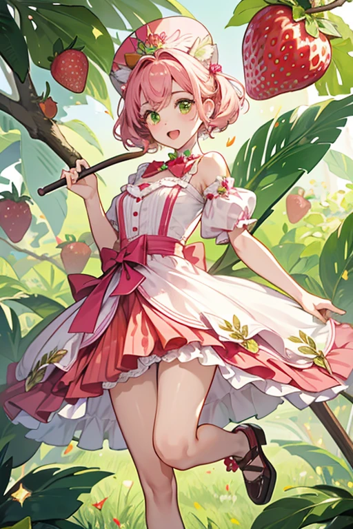 A hot pink strawberry girl cat with pale yellow seeds and chocolate dipped lower half. She has a wide opened mouth and one eye is shut. Her stick potrudes from the middle, with two green leaf. SPARKLE; GLITTER