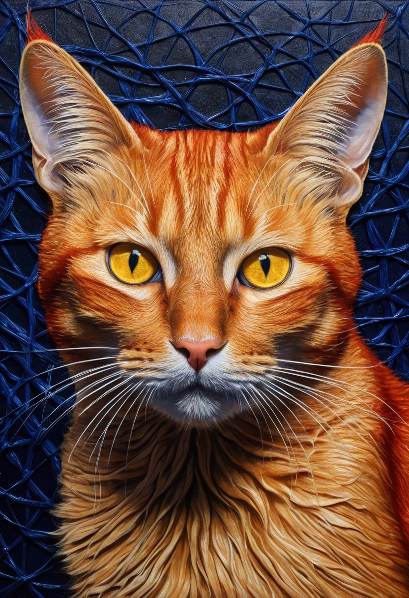 a red cat with yellow eyes on an acrylic canvas, in the style of complex surfaces, Made of liquid metal, infinity nets, dark gold and indigo, photorealistic wildlife art, art yes, Algorithmic Art —AR 9:16 —c 11 —s 555 —v 5.1 - with 9:16 —q 5