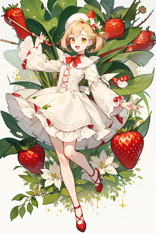 A red strawberry girl cat with pale yellow seeds and white chocolate dipped lower half. She has a wide opened mouth and one eye is shut. Her stick protrudes from the middle, with two green leaves. SPARKLE; GLITTER