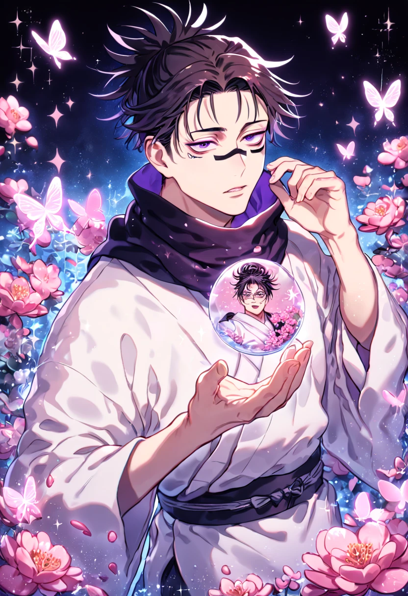 absurdres, highres, ultra detailed, HDR, master piece, best quality, Choso, black hair, expressive purple eyes, Jujutsu Kaisen, solo, sexy man, handsome, black scarf, white kimono, water, fantasy, magical, shining, pink flowers, pink blossoms, pink petals, pink butterflies, sparkling glass