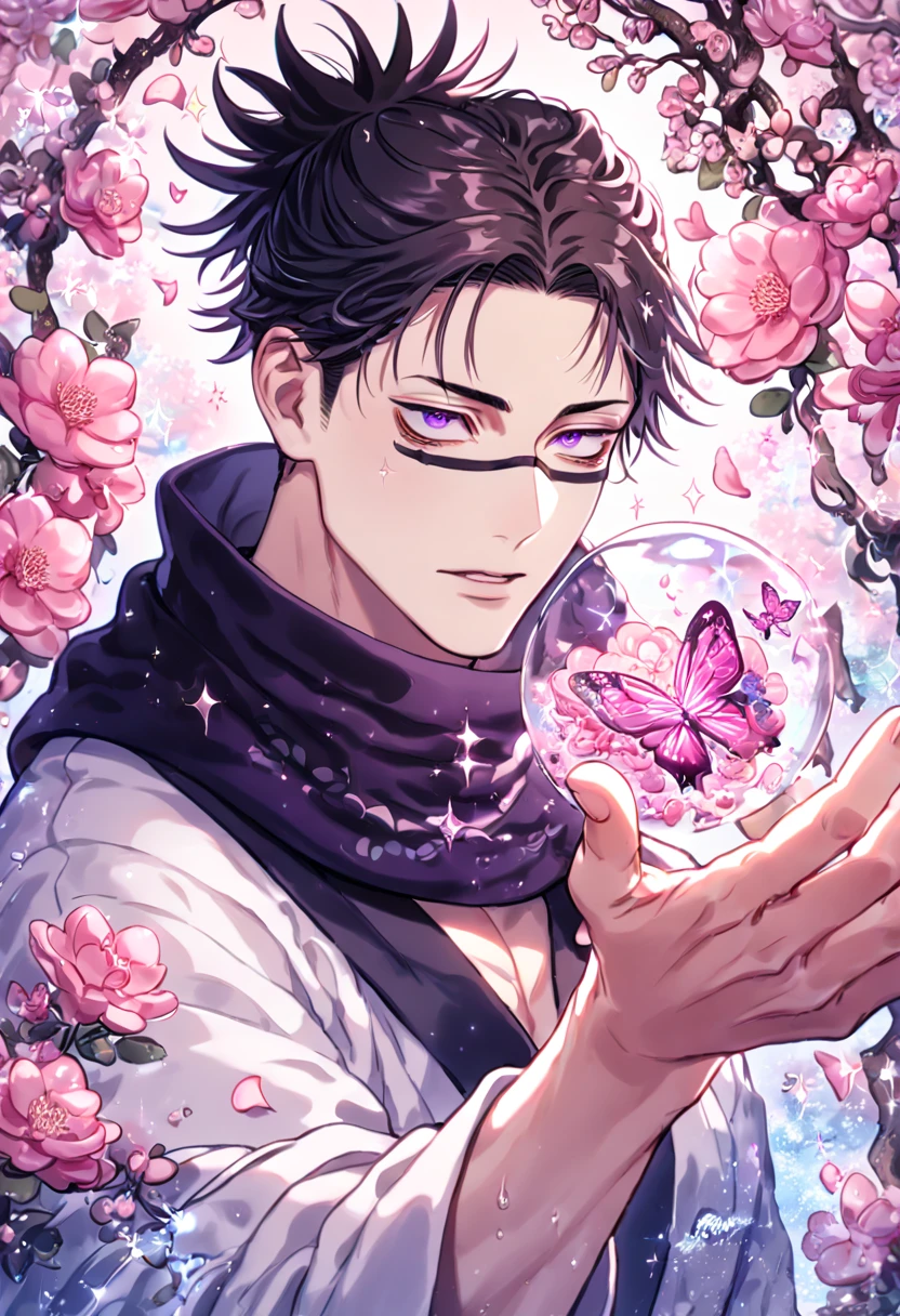 absurdres, highres, ultra detailed, HDR, master piece, best quality, Choso, black hair, expressive purple eyes, Jujutsu Kaisen, solo, sexy man, handsome, black scarf, white kimono, water, fantasy, magical, shining, pink flowers, pink blossoms, pink petals, pink butterflies, sparkling glass